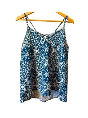 Boho Print Tank Top Blue White Flowy Summer Camisole Tie Back Top M